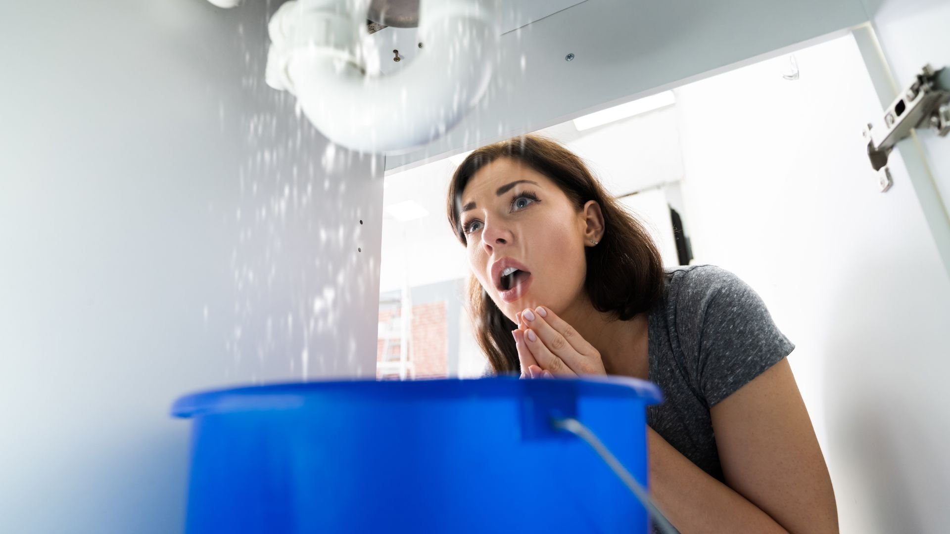 Person looking shocked at water leaking from ceiling into blue bucket
