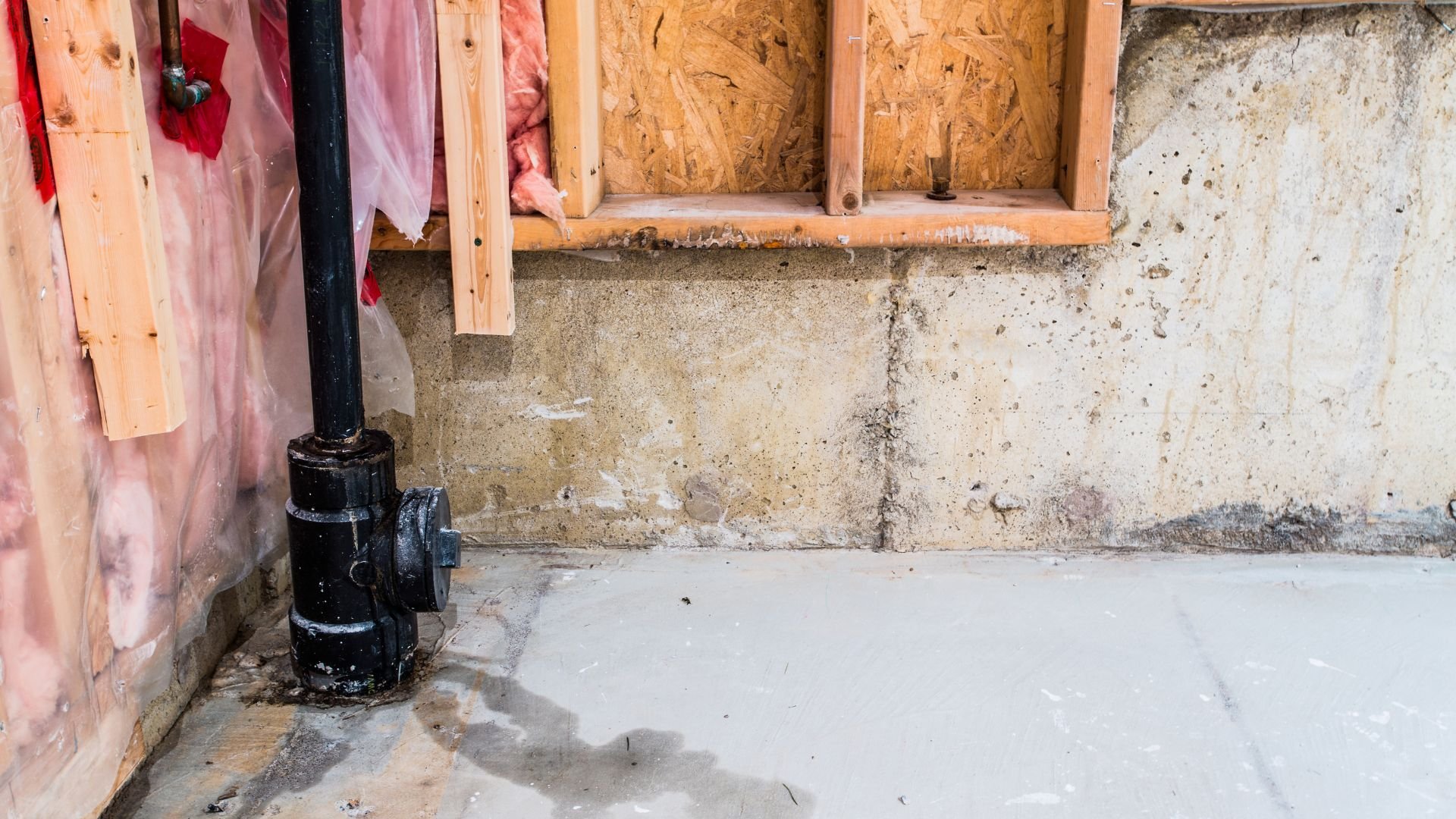 Construction site with wooden framing, insulation, and black drainage pipe